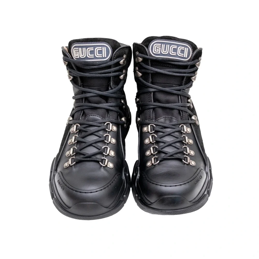 Gucci Flashtrek Black Leather High Top Hiking Boots‎ Mens Size UK 7 US 8 Chunky